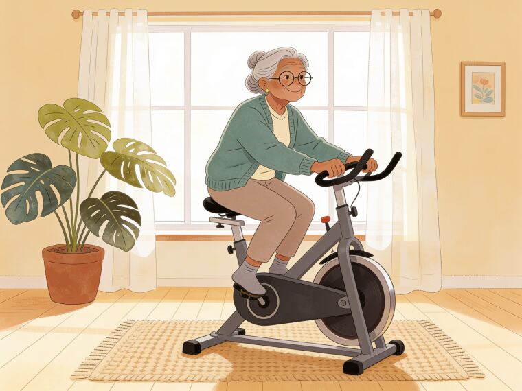 An older woman pedalling gently on a stationary exercise bike