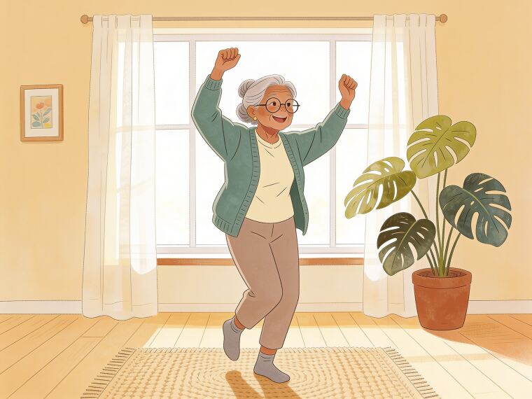 An older woman dancing happily to music in her living room