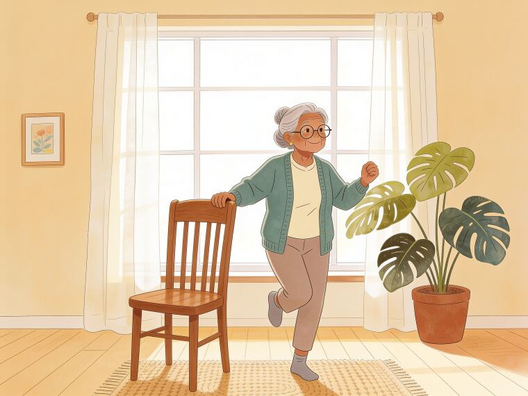 An older woman marching on the spot indoors, holding a chair for support
