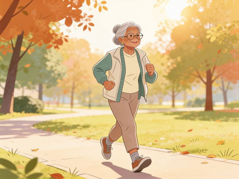 An older woman taking a brisk walk along a path in a leafy park