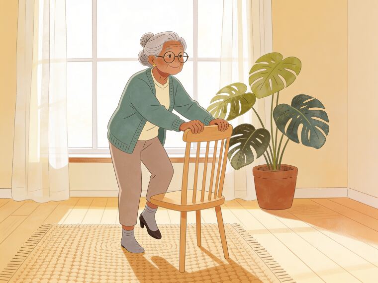 An older woman holding a chair back and rising onto the balls of her feet, doing heel raises for balance
