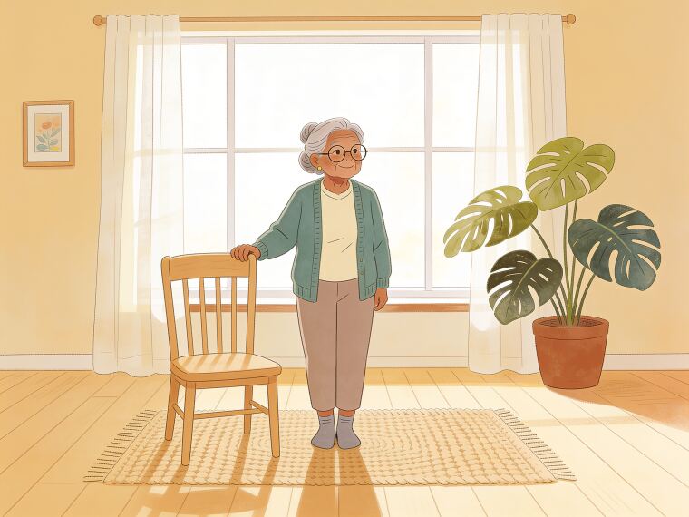An older woman holding a chair and standing with one foot directly in front of the other in a heel-to-toe stand