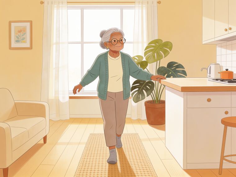 An older woman walking heel-to-toe in a straight line beside a kitchen counter, arms out for balance