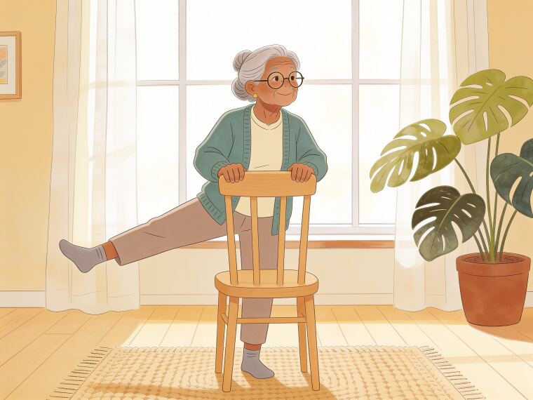 An older woman holding a chair back and lifting one straight leg out to the side, doing a side leg raise