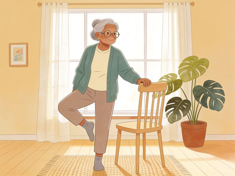 An older woman resting one hand on a chair back while balancing on one leg with the other foot lifted