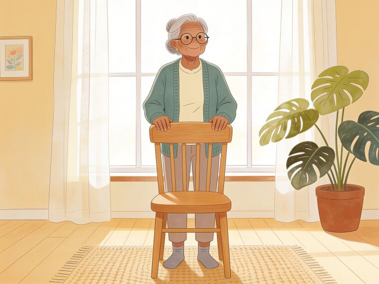 An older woman standing tall behind a sturdy chair with both hands resting lightly on its back