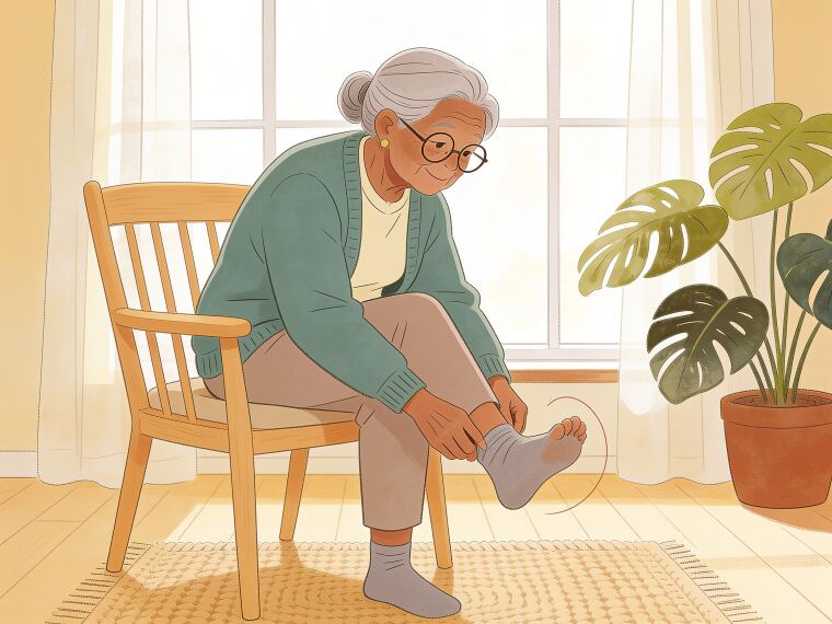 An older woman sitting on a chair rotating one lifted foot to make ankle circles