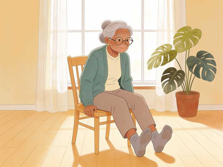 An older woman sitting on a chair lifting her heels with toes on the floor, doing seated heel raises