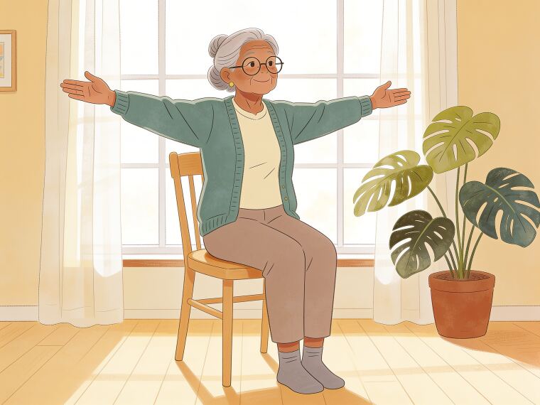 An older woman sitting tall on a chair raising both arms out to the sides to shoulder height