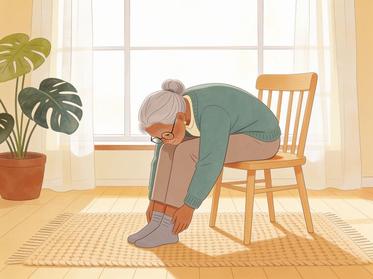 An older woman folding gently forward over her knees on a chair in a relaxed seated cool-down stretch