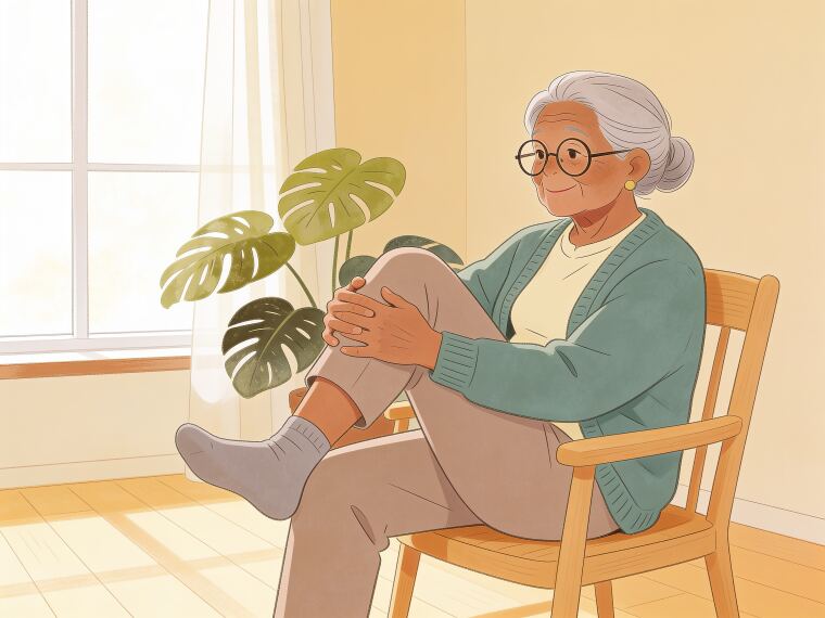 An older woman sitting on a chair lifting one knee towards her chest, doing a seated knee lift