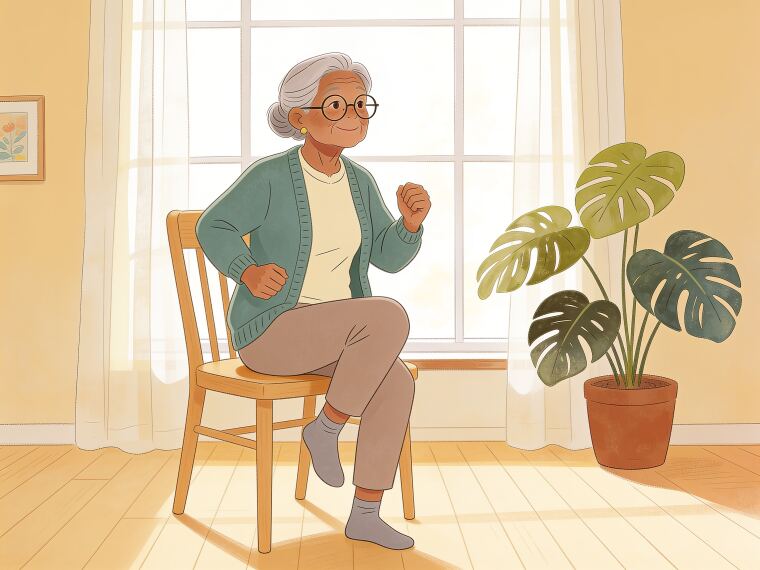 An older woman sitting on a chair lifting one knee in a seated march