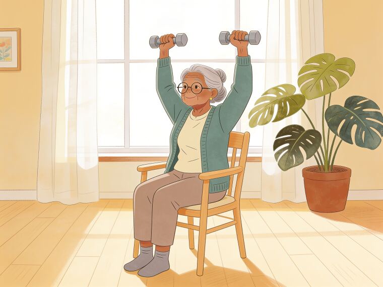 An older woman sitting on a chair pressing a light dumbbell in each hand overhead, doing a seated shoulder press