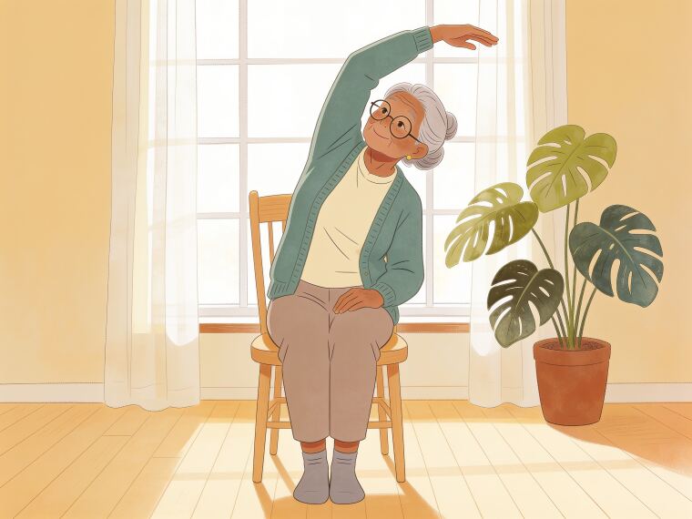 An older woman sitting on a chair reaching one arm overhead and leaning to the opposite side in a seated side bend