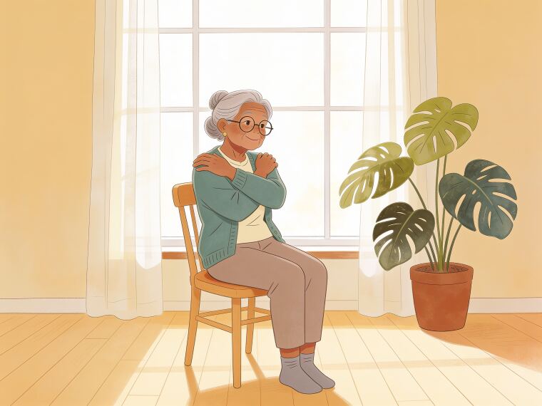 An older woman sitting on a chair with arms crossed on her shoulders, gently twisting her upper body to one side