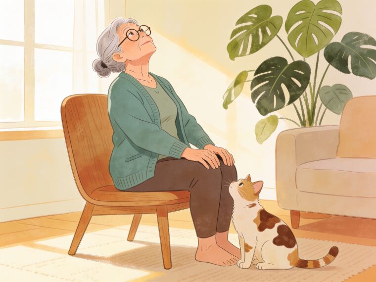 An older woman sitting on a chair with hands on her knees, arching her back and lifting her chest in seated cow pose
