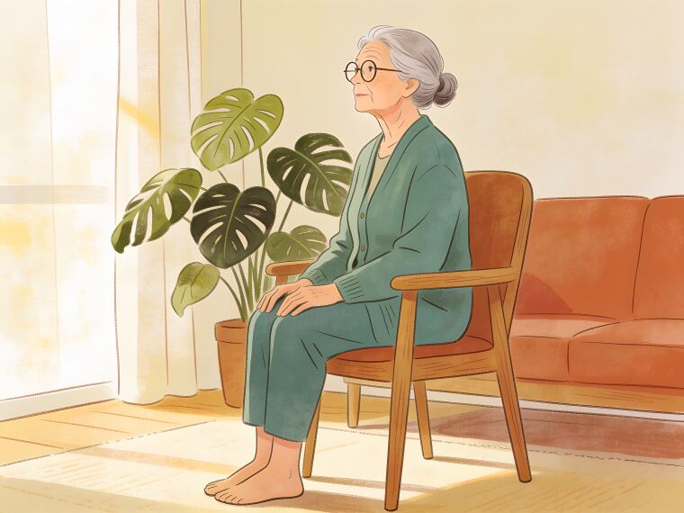 An older woman sitting tall on a dining chair with feet flat and hands resting on her thighs, in seated mountain pose