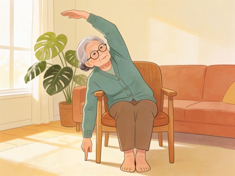 An older woman sitting on a chair reaching one arm overhead and leaning gently to the opposite side in a seated side stretch