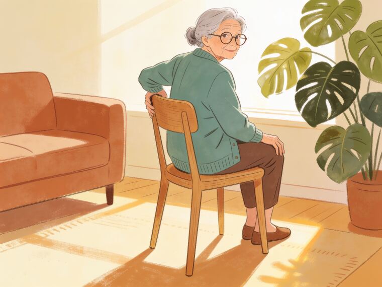 An older woman sitting on a chair with one hand on the opposite knee, gently twisting to look over her shoulder in a seated twist