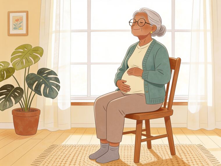 An older woman sitting tall with a hand on her stomach, gently drawing her belly in
