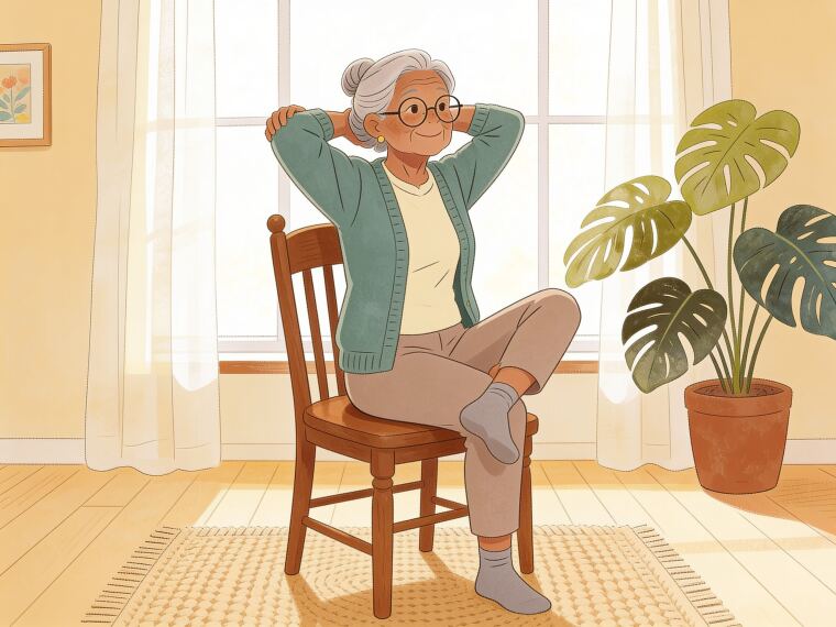 An older woman sitting on a chair twisting to bring one elbow towards the opposite raised knee