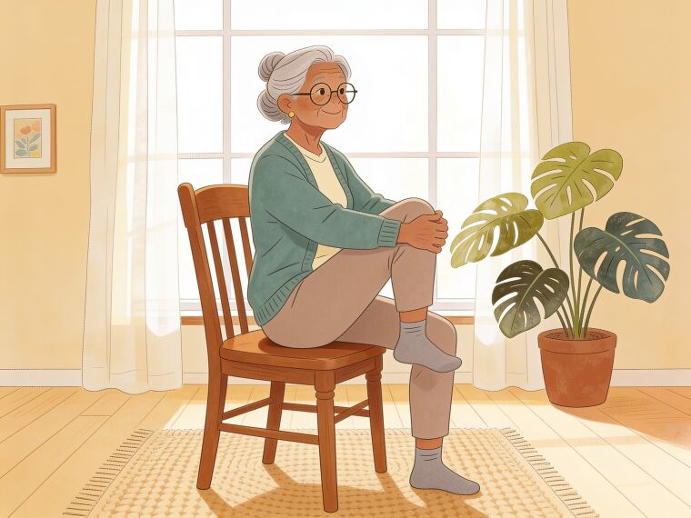 An older woman sitting tall on a chair lifting one knee towards her chest, doing seated marching