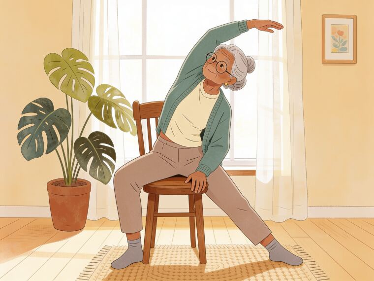 An older woman sitting tall on a chair reaching one arm up and over to the side in a seated side bend