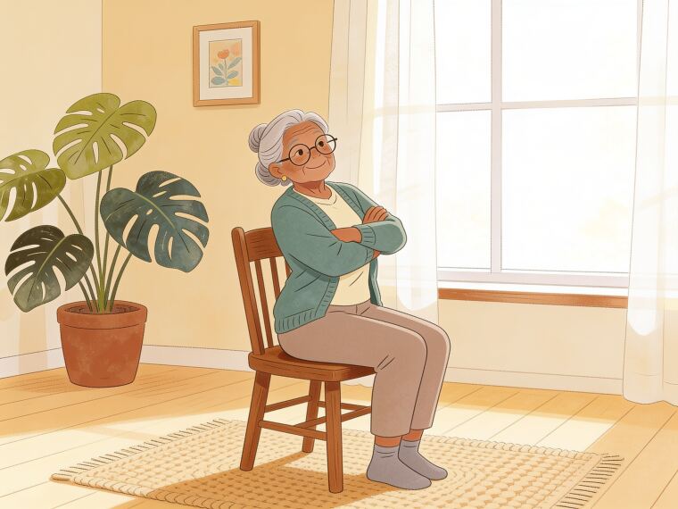 An older woman sitting on a chair with arms crossed, twisting her upper body in a seated torso twist