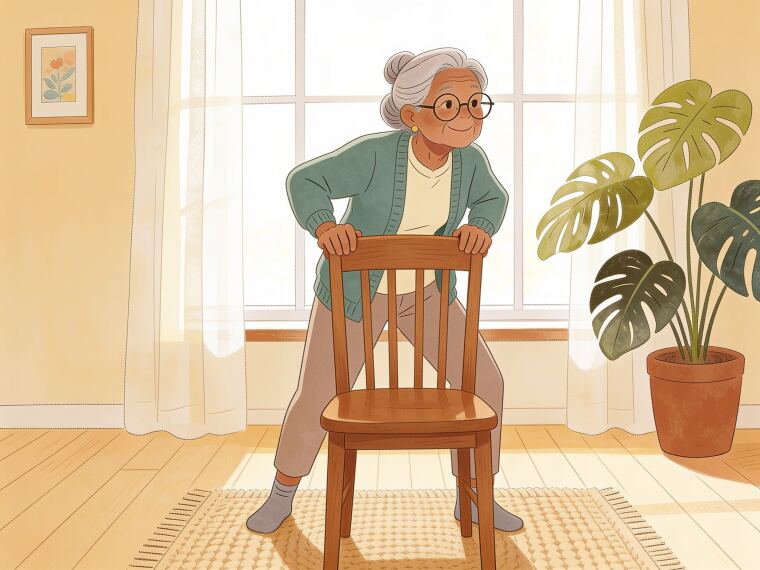 An older woman standing behind a chair, hinging forward from the hips with a flat back