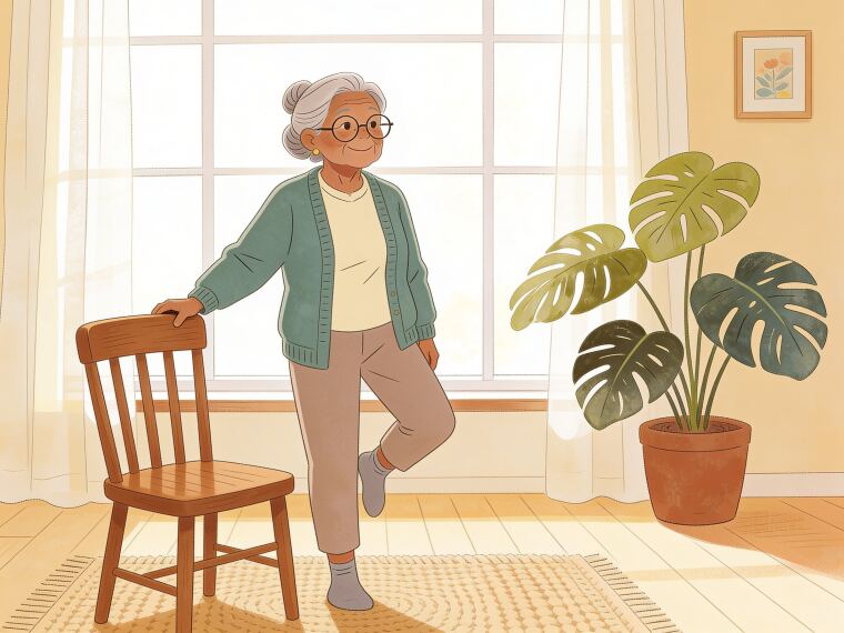 An older woman holding a chair back and lifting one leg out to the side, a standing side leg lift