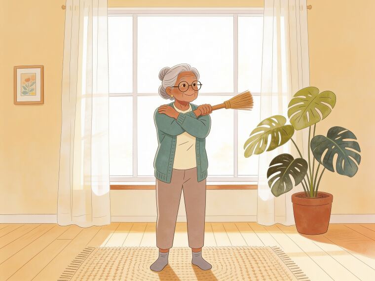 An older woman standing with clasped hands sweeping diagonally across her body in a gentle wood chop