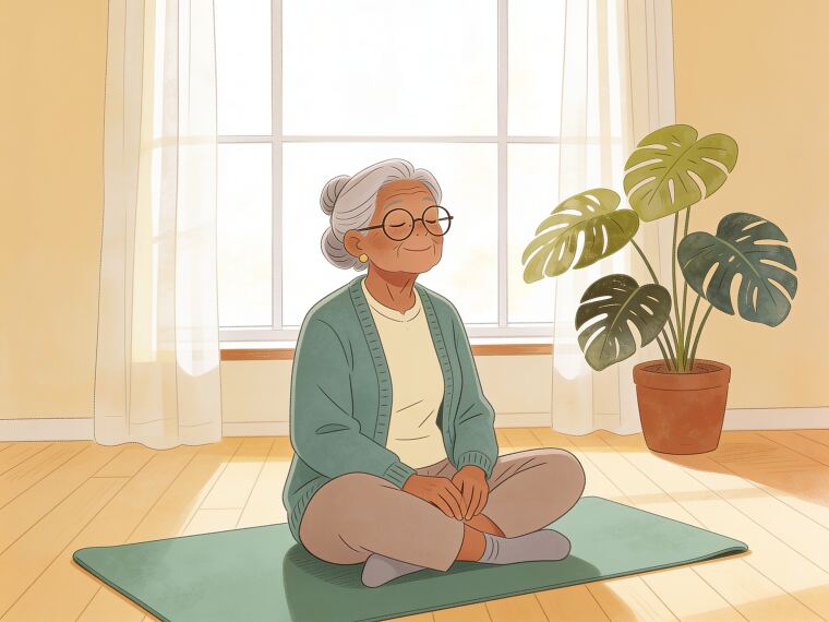 An older woman sitting cross-legged on a yoga mat with eyes closed and hands in her lap, in a peaceful final rest