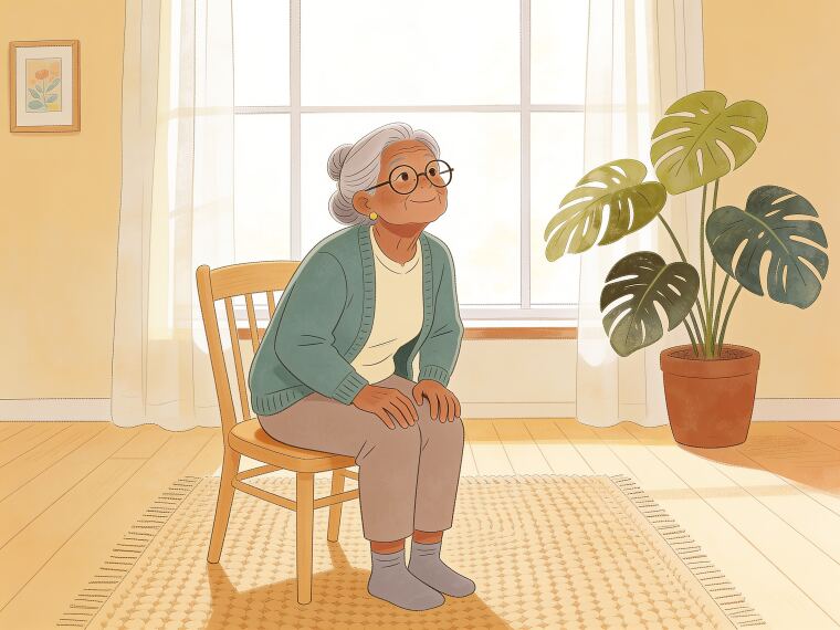 An older woman sitting on a chair gently arching her back and lifting her chest, in the cow phase of seated cat-cow