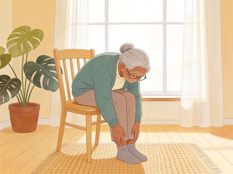 An older woman folding gently forward over her thighs on a chair in a calming seated forward fold