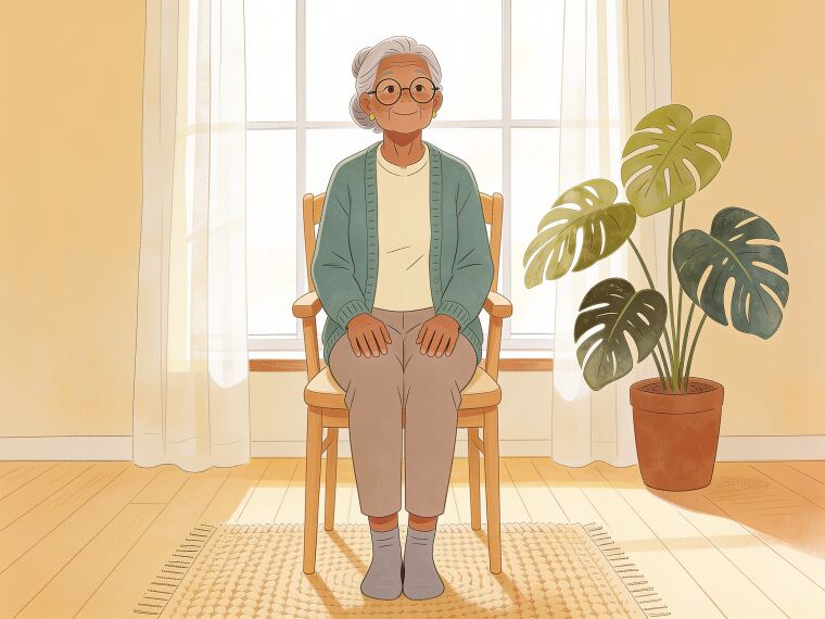 An older woman sitting tall on a chair with hands on her thighs and a long spine, in seated mountain pose