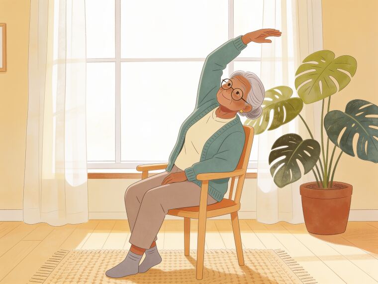 An older woman sitting on a chair raising one arm overhead and leaning to the opposite side in a seated side stretch