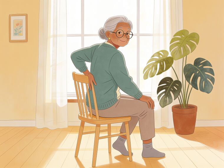 An older woman sitting on a chair gently twisting her upper body and looking over her shoulder in a seated yoga twist