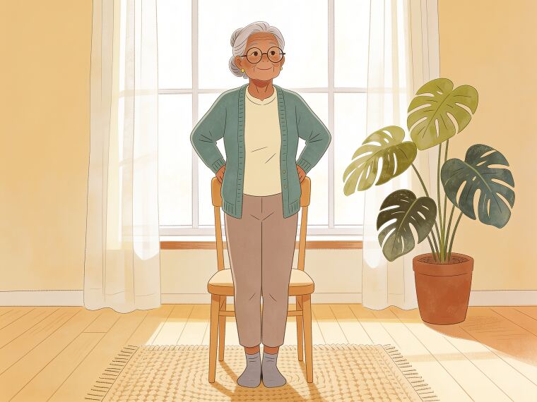 An older woman standing tall behind a chair, holding the back lightly, in a grounded standing mountain pose