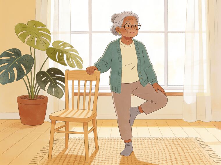 An older woman holding a chair with one hand and resting one foot against the opposite ankle in a supported tree pose