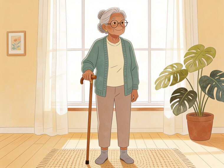 An older woman standing tall holding a walking cane at her side, elbow slightly bent and the handle level with her wrist