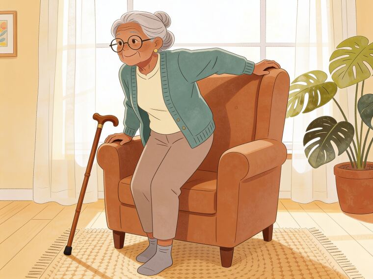 An older woman lowering herself into an armchair using the armrests, with a cane resting nearby