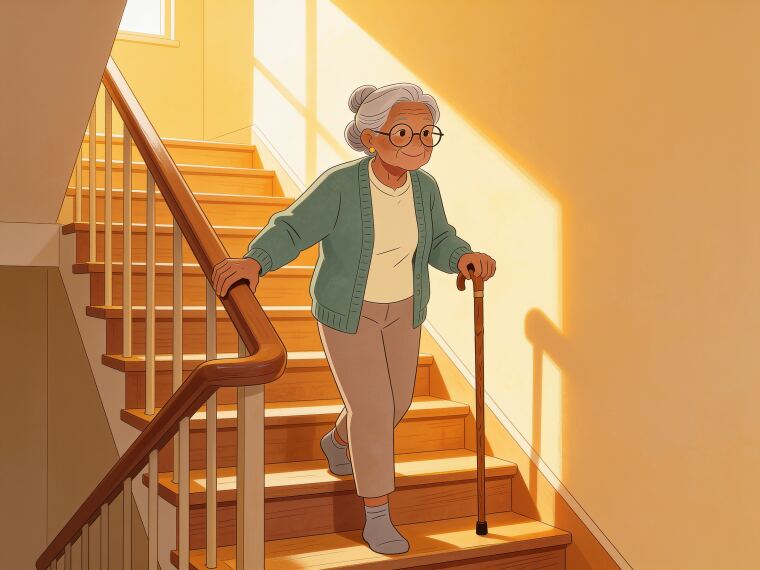 An older woman stepping down a short flight of stairs holding the handrail and a cane