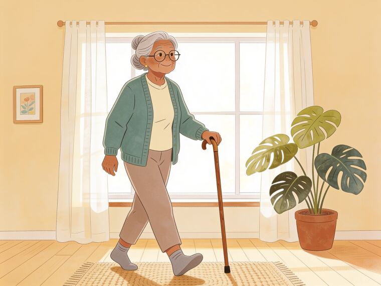 An older woman walking with a cane held in the hand opposite her weaker leg, mid-step