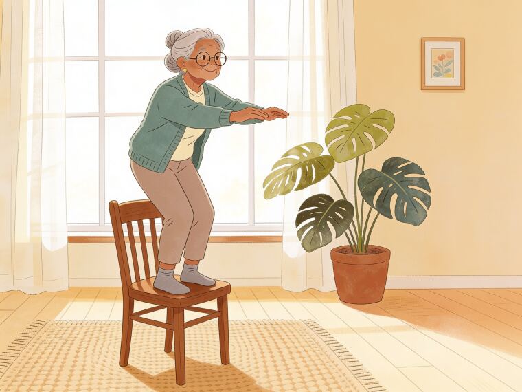 An older woman rising up from the front edge of a sturdy chair, doing a chair stand