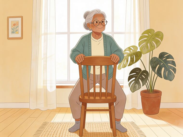 An older woman standing behind a chair doing a small, shallow mini squat