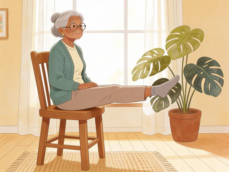 An older woman sitting tall on a chair with one leg extended straight out in front, a seated leg extension