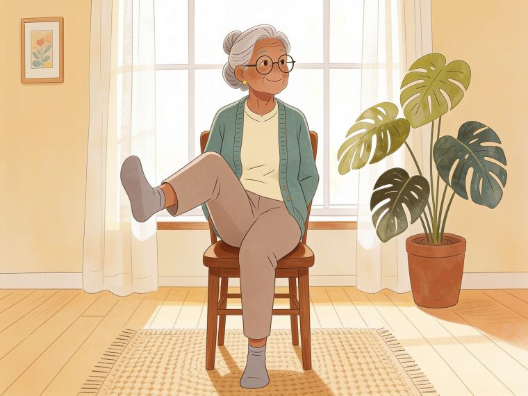An older woman sitting tall on a chair lifting one knee as if marching while seated