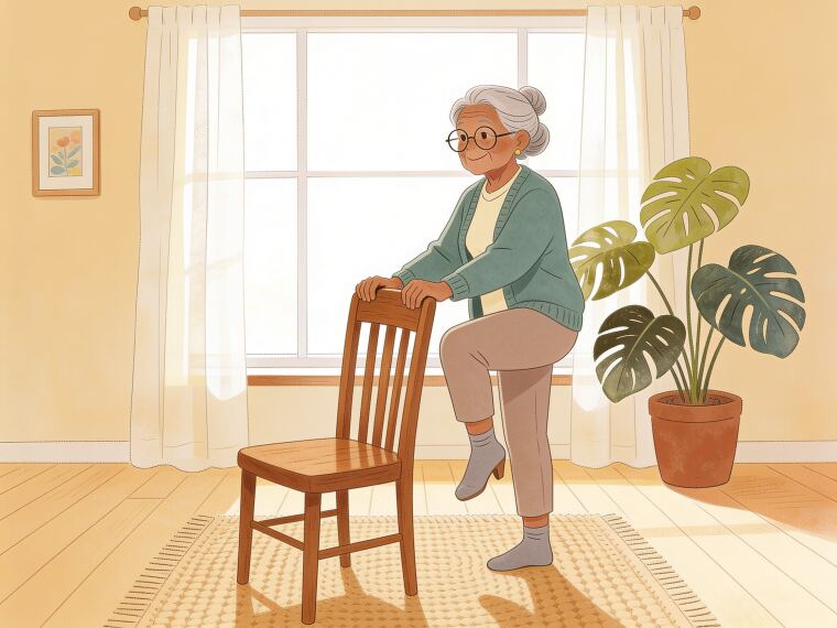 An older woman holding a chair back and rising onto the balls of her feet, a standing calf raise