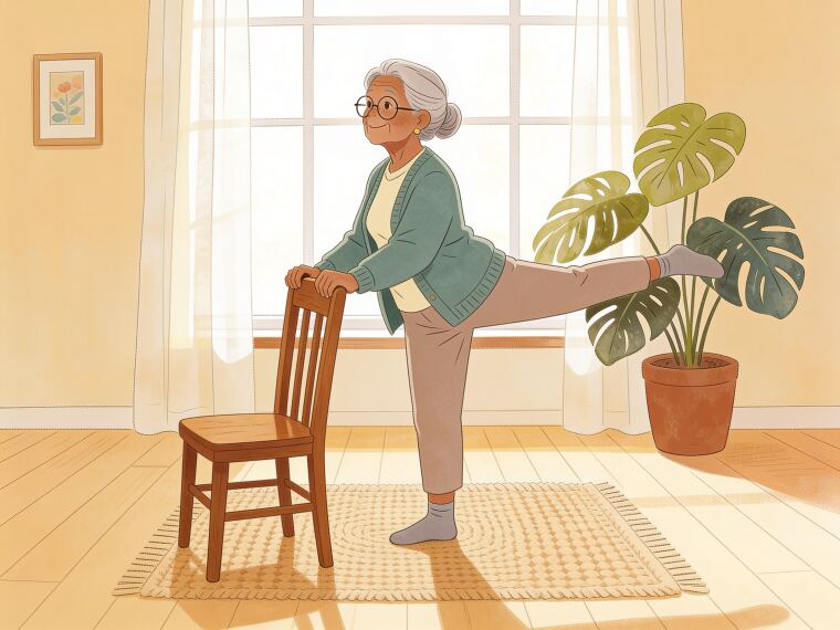 An older woman holding a chair and extending one straight leg back behind her, a standing hip extension