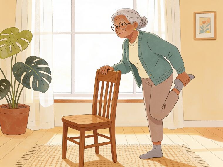 An older woman holding a chair and bending one knee to bring her heel up behind her, a standing knee curl